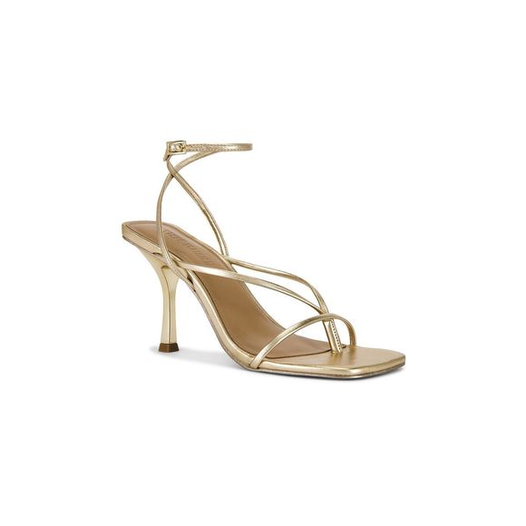 New Steve Madden Annie Heel in Champagne gold metallic strappy mid high open toe - Picture 2 of 8